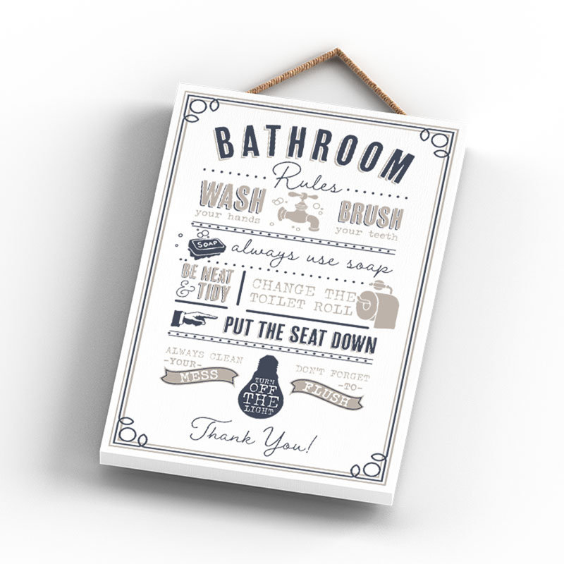 Bathroom Rules - Typography on Wooden Plaque