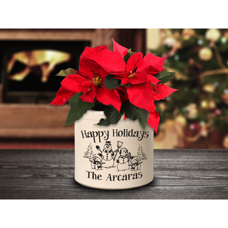 Personalized Snowman Family Ceramic Pot Planter, Black, Yes