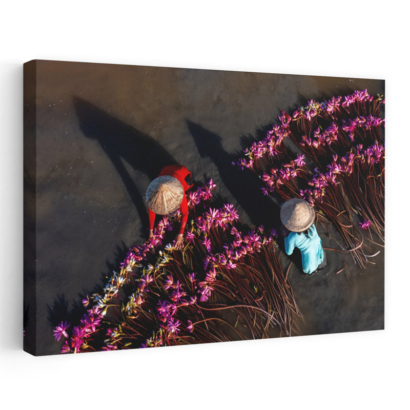 Asian Water Lily Harvest Serene Traditional Vibrant Lily Lotus Flower Nature Wall Art Print 1 Piece Wrapped Canvas Wall Art