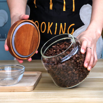 Pots en verre, ensemble de 4 contenants en verre pour aliments avec couvercles en bois, ensembles de contenants en verre transparent pour sucre, thé, café, collation, épices, herbes (33 oz / 1000 ml)
