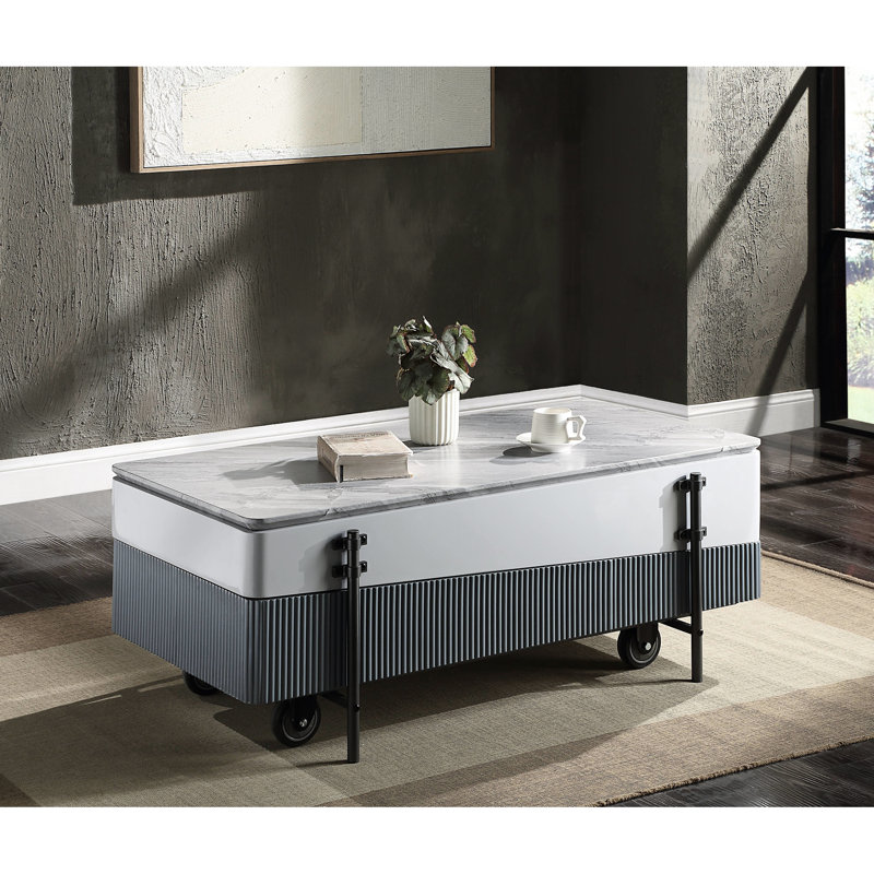 Table basse haute brillance grise et blanche avec espace de rangement mobile