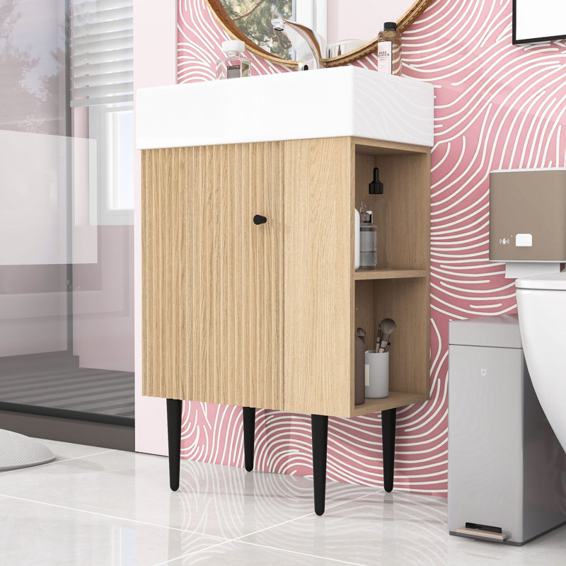 Ensemble de meuble-lavabo simple autoportant Marianne avec lavabo en céramique et rangement à droite, Bois / noir
