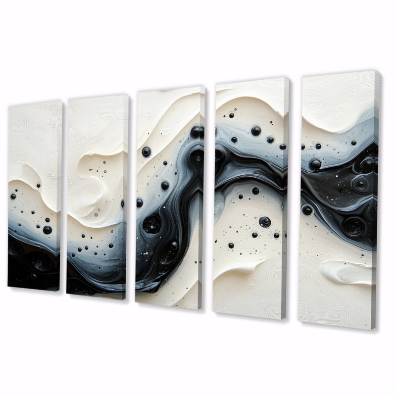 Vague noire et blanche, rivière rythmique VI - goutte d'eau, décoration murale - art mural moderne, H 28 po x l 60 po, 5