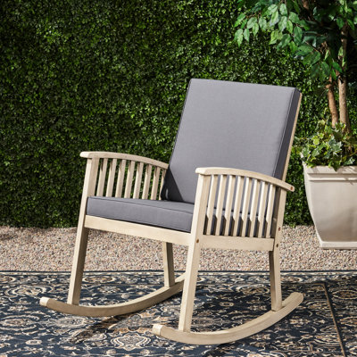 Wood Rocking Chair With Grey Cushions For Relaxed Moments Enjoy View Cushioned