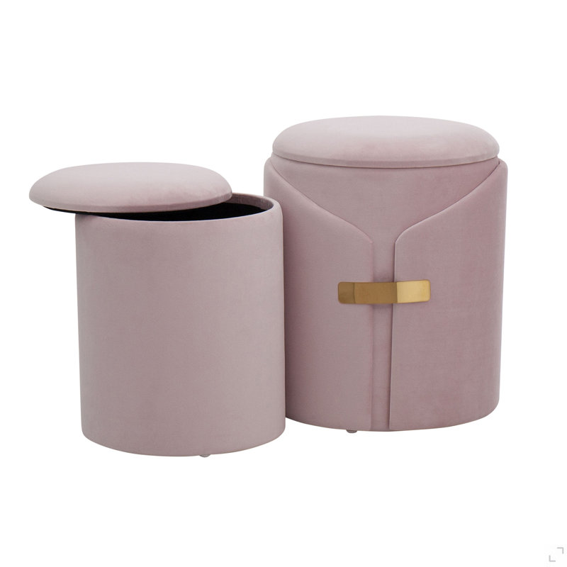 Contemporary Nesting Ottoman Set Velvet With Gold Metal Accent Pieces, Green