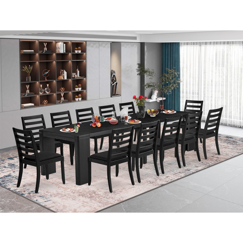Ensemble de table de salle à manger 13 pièces Modern Xtenczar, table rectangulaire et 12 chaises empilables en tissu de lin noir, finition noire brossée