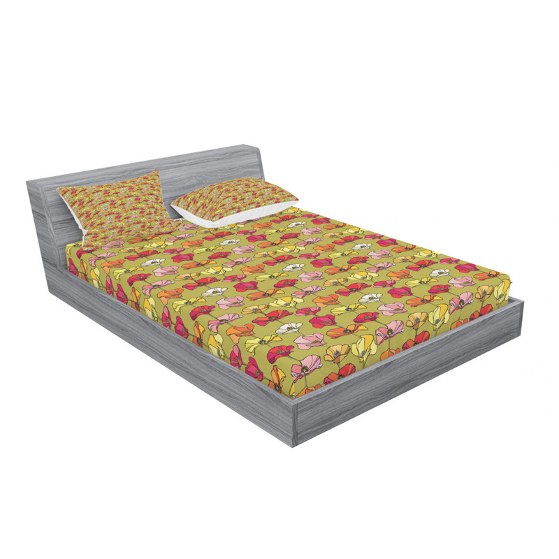 Poppy Microfiber Floral Fitted Sheet, Queen Fitted Sheet with 2 Pillowcases
