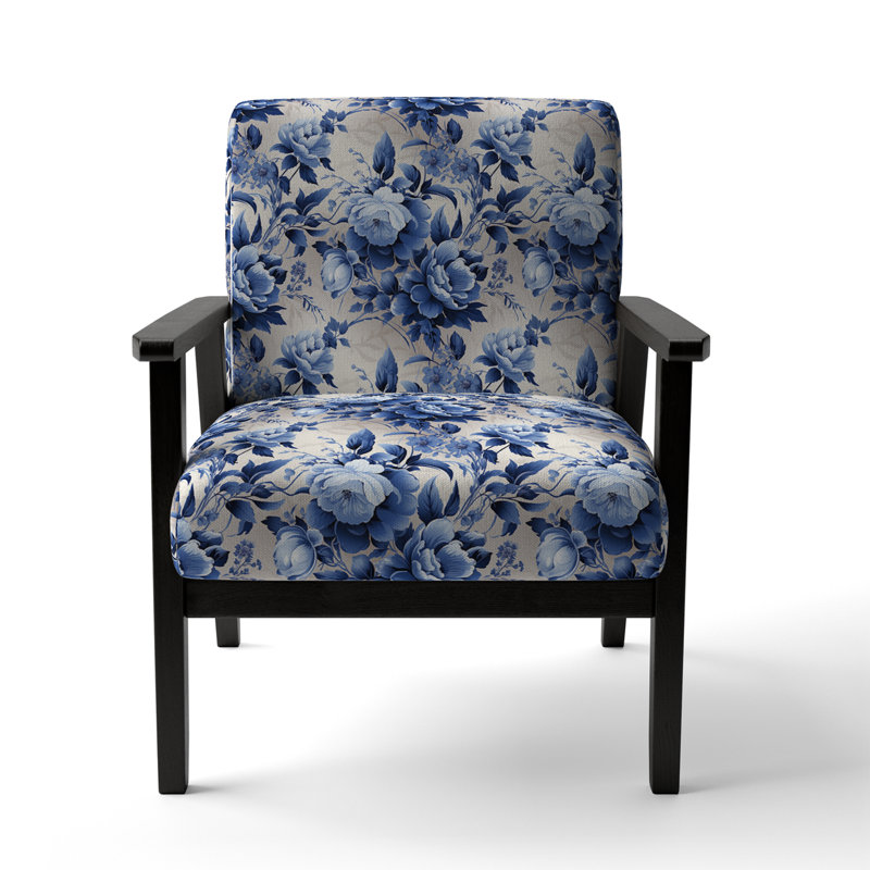 Cobalt Blue Scrollwork Swirls Victorian Pattern II - Upholstered Floral Accent Chair