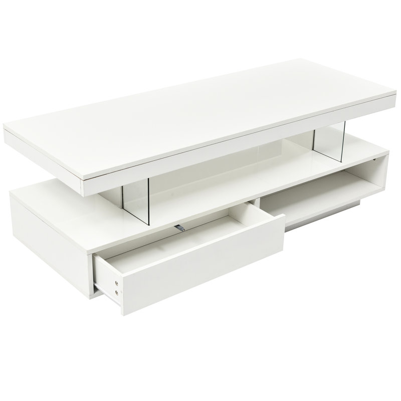 Table basse moderne blanche avec éclairage DEL et rangement. 16 couleurs disponibles, luminosité variable. Tiroirs et étagères spacieux. Montage facile. Directives incluses. Table basse contemporaine pour salon : blanche.