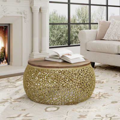 Table basse en aluminium avec plateau en bois de manguier