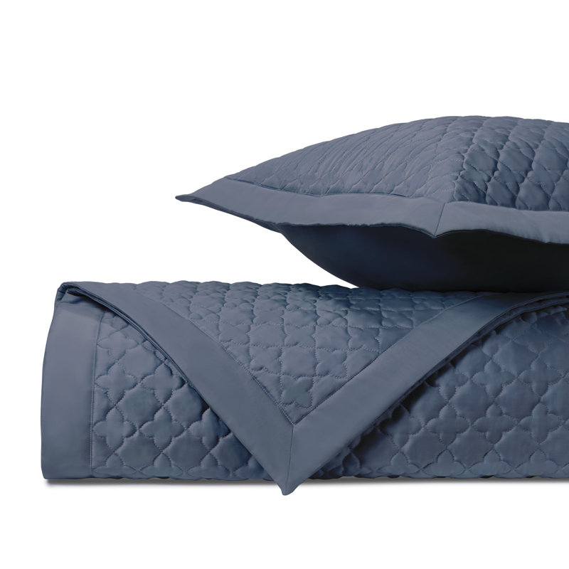 Clover Quilted Sateen Coverlet Set, Stone Blue, King Coverlet + 2 King Shams