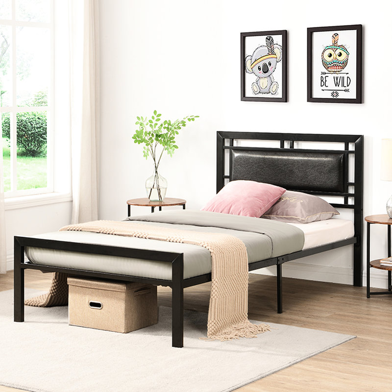 Lit simple en métal -, ajout de chambre à coucher solide, cadre noir solide, pièce silencieuse,