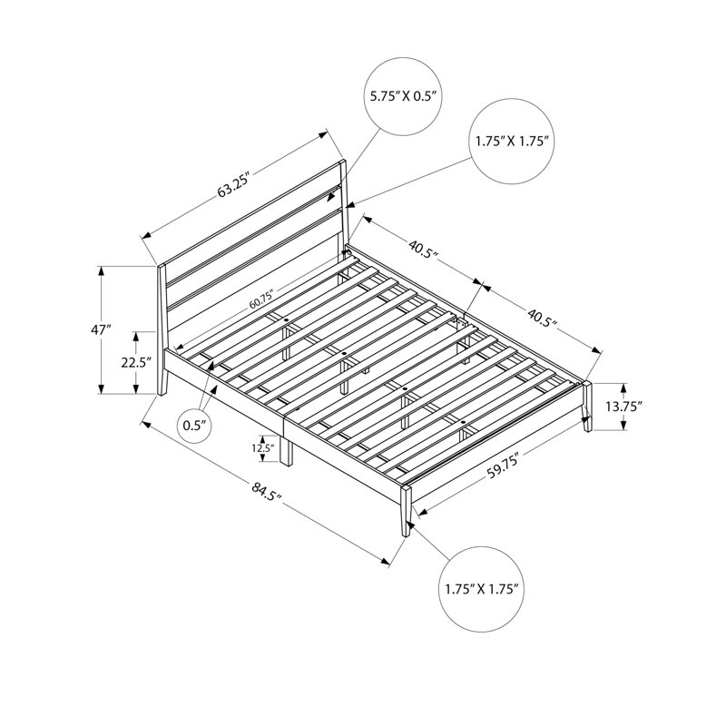 Cadre de lit plateforme très tendance et contemporain avec pieds en bois gris et solides pour la chambre à coucher, 84,5 po Longueur facile à assembler, capacité de 600 lb