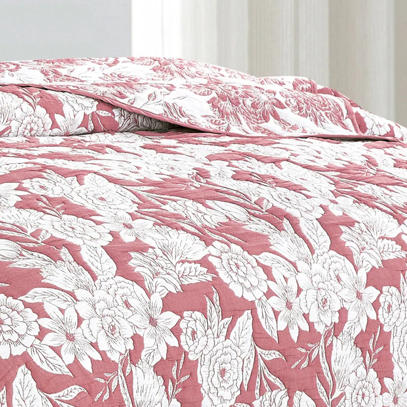 Ensemble de courtepointe 3 pièces rose et blanc, Courtepointe très grand et 2 très grandes taies