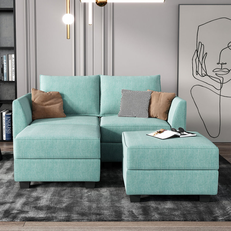 Canapé modulaire convertible avec méridienne réversible Manusite, Mélange de polyester bleu