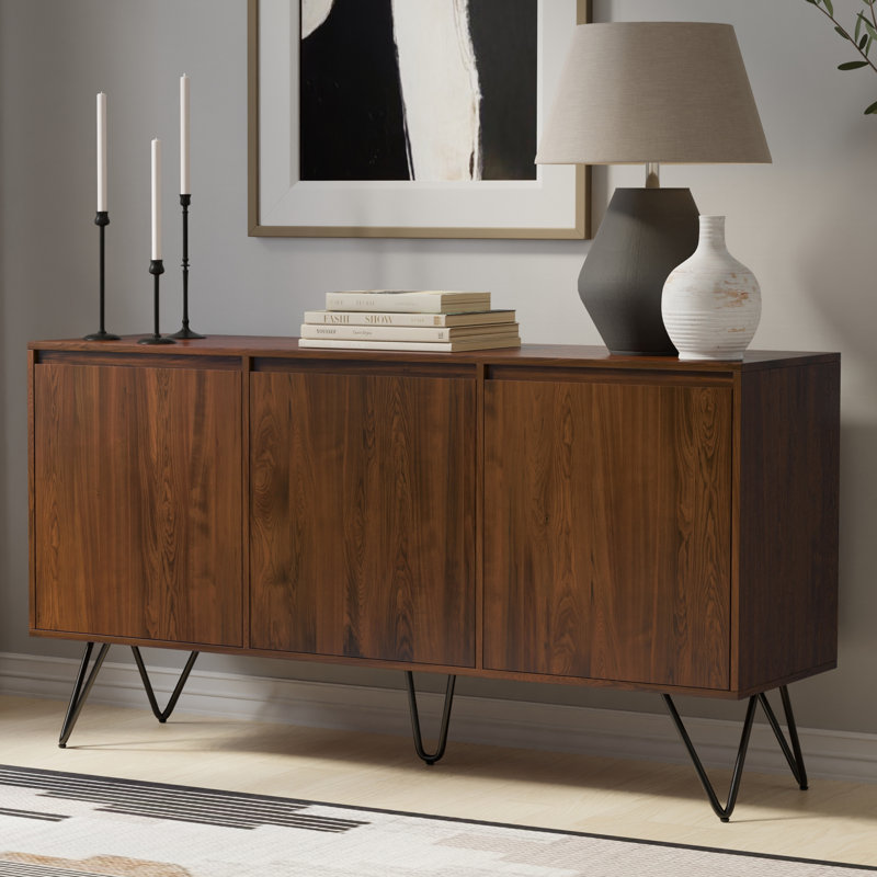 Hunter 60"W Solid Wood Industrial Contemporary 3-Door Sideboard Buffet with Adjustable Shelves, Walnut Veneer