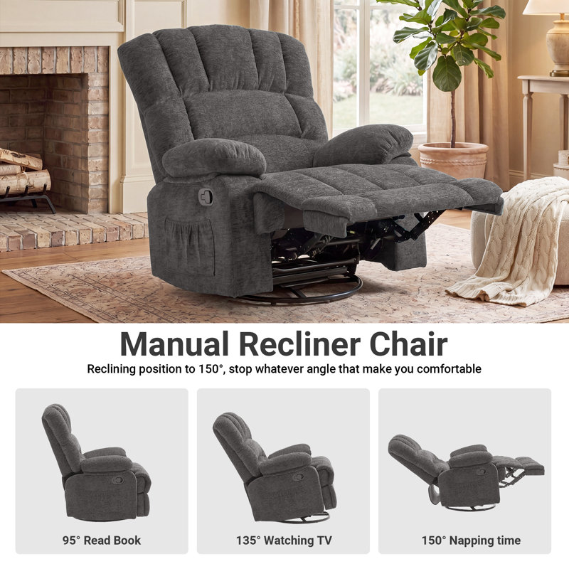 Breasha 39.7" Wide Manual Upholstered Swivel Rocker Recliner, Gray Chenille
