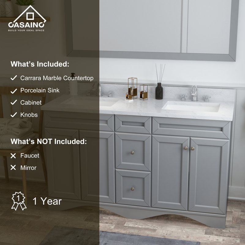 Chamiya 60'' Double Bathroom Vanity with Carrara Marble Top, Gray