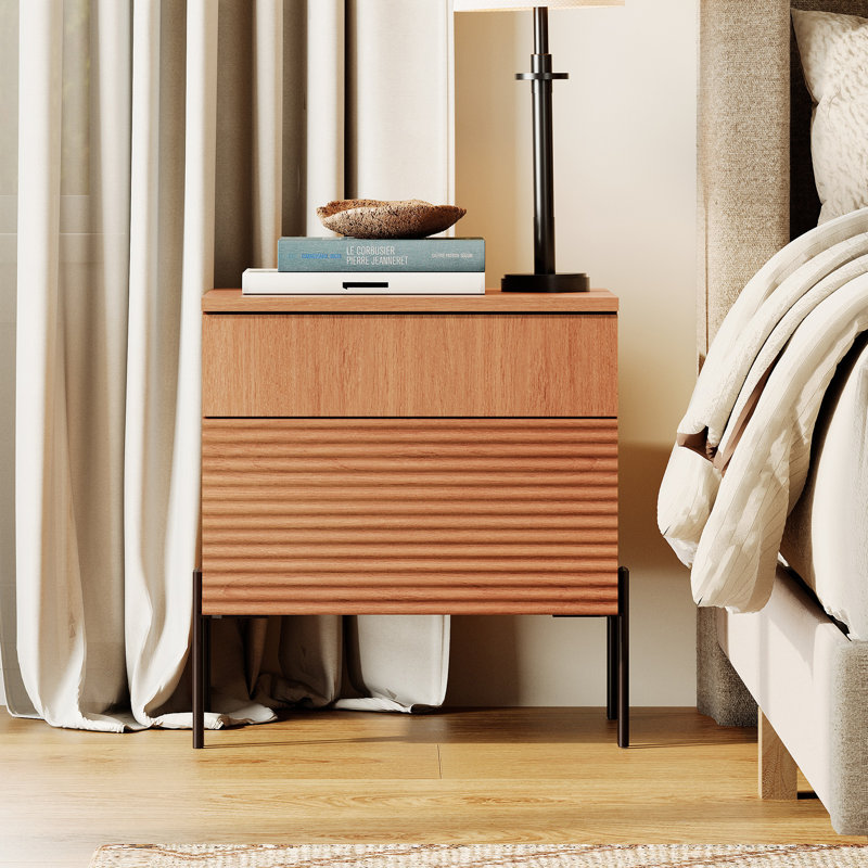 Laverda Modern Minimalist Nightstand, Reed Pattern Design, With Usb Ports, Mocha