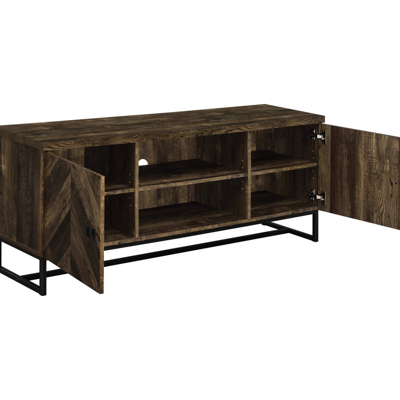 Console de télévision en chêne rustique avec portes à chevrons, rangement réglable et base industrielle pour les espaces de vie Motif, finition, maisons de rangement