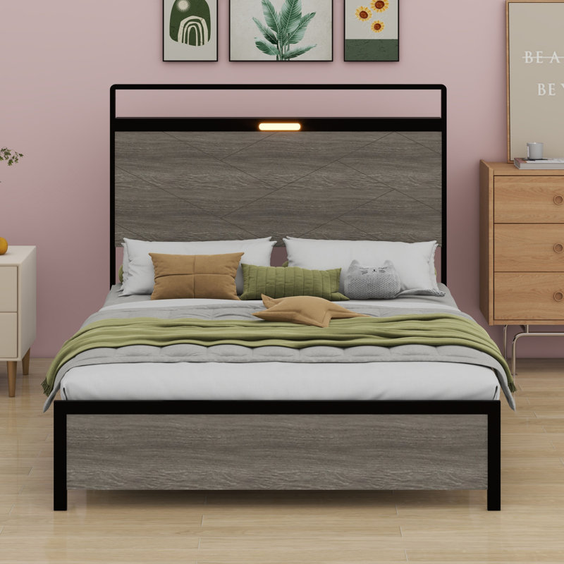 Base de lit plateforme avec tête de lit à DEL avec rangement et 2 USB, grand rangement sous le lit, Double