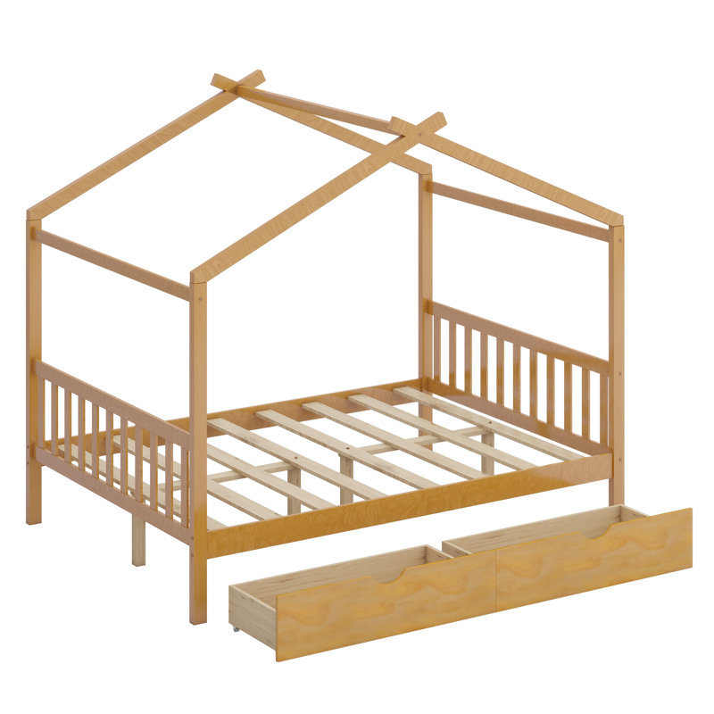 House Platform Bed With Two Drawers,Headboard And Footboard,Roof Design, Natural