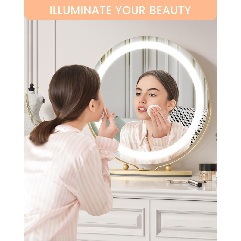 LED Makeup Mirror with Lights, Vanity Mirror with Touch Control & Dimmable Lighting, 360° Rotation Tabletop Desk Mirror, Gold Finish