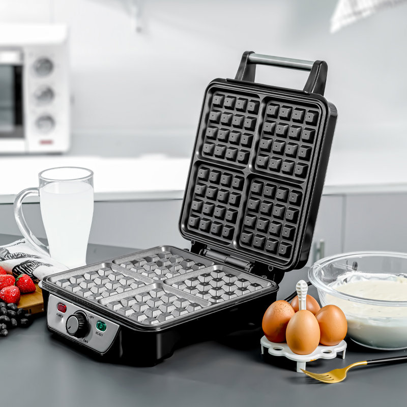 GEEPAS Waffle Maker | 4 Slice Non-Stick Electric Belgian Waffle iron Machine | 1100W, Adjustable Temperature Control | Deep Cooking Plates | Square Belgian American Sweet Savoury Waffle Iron | Black