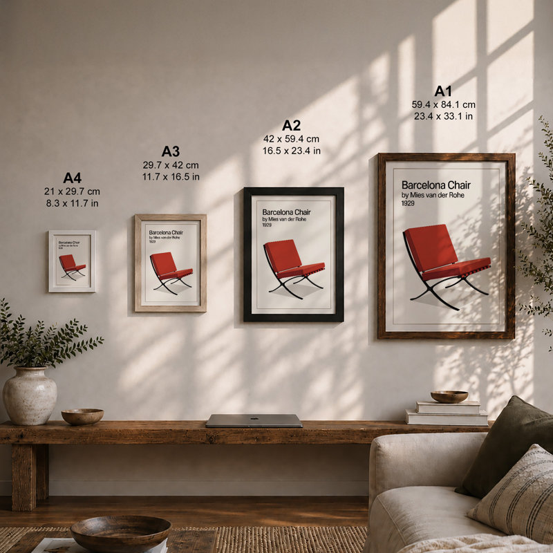 Barcelona Chair Modernist Mid-Century - Framed Print, A1 - 84.1 x 59.4 cm, White
