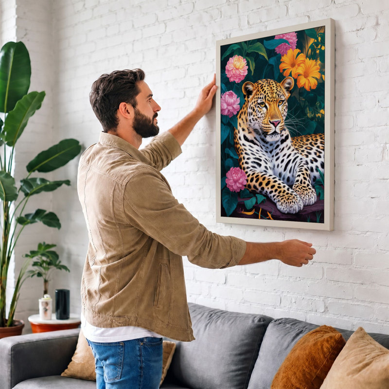 Leopard Among Flowers Boho - Print, 30x20 - 76.2 x 50.8 cm, Teal Border