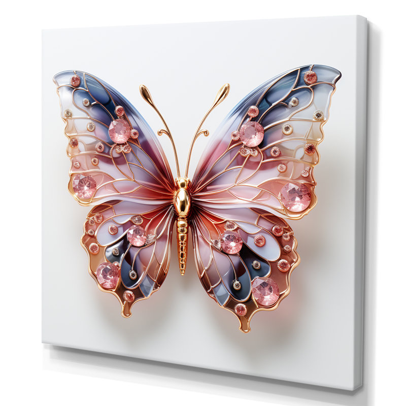 «Blue and Pink Crystal Butterfly II», art mural papillon, Toile tendue, H 30 po x l 30 po x P 1,5 po