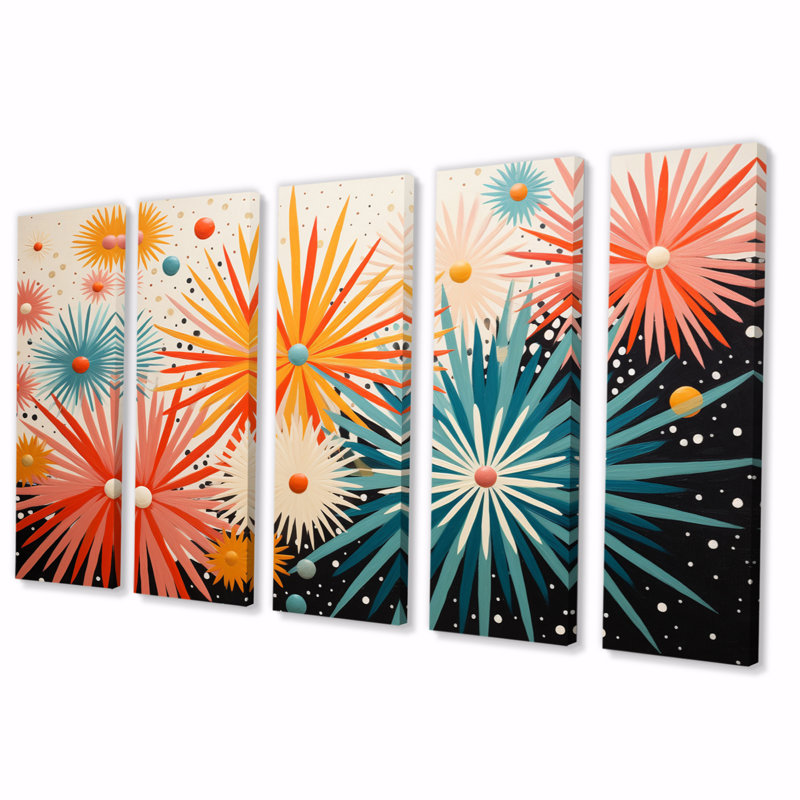 Mid-Century Sunburst Serenade II - décoration murale Mid-Century - 5 panneaux égaux