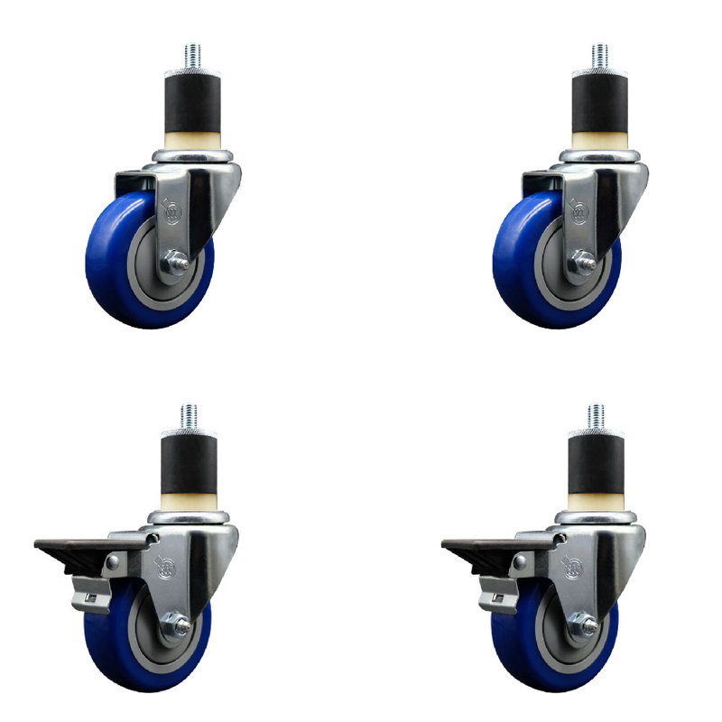 Ensemble de roulettes extensibles pivotantes en poly sur roulettes 2 freins SCC PLB 3,5 po x 1-7 / 8 po, Bleu