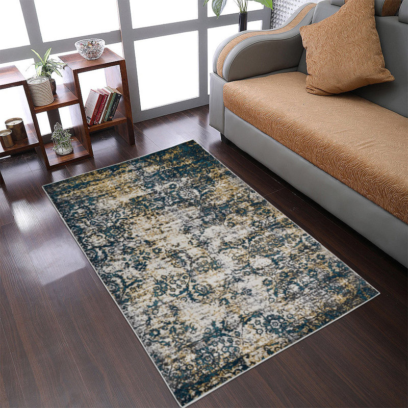 Machine Made Heatset Polyproplyene Area Rugs - Rectangle, Beige Blue Color, Floral Modern Design, Low Pile Machine Made Area Rugs for Living Room, Bed Room