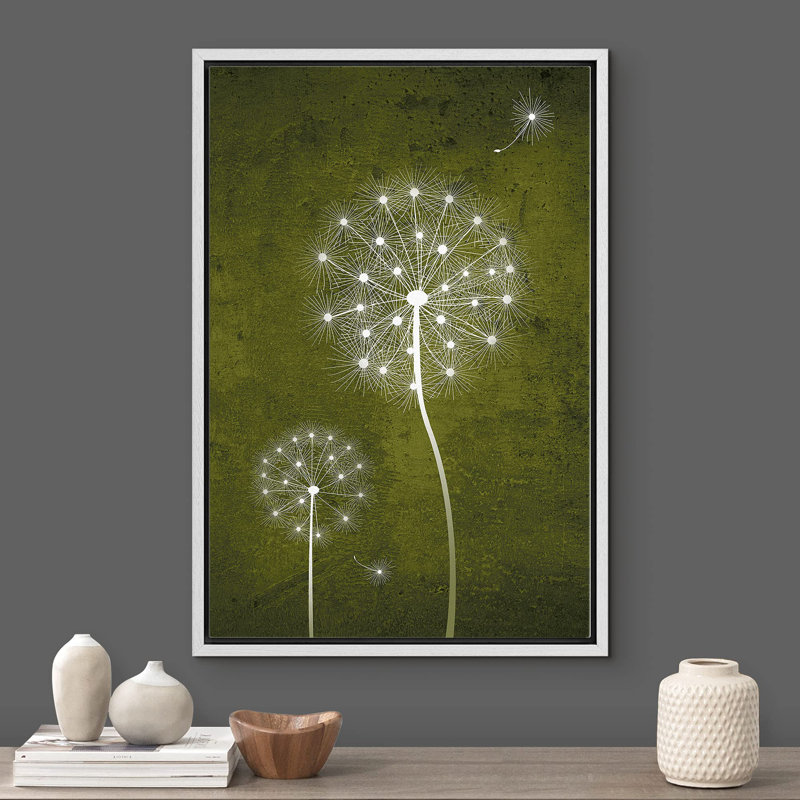 Pissenlit blanc sur fond vert, illustrations de plantes, minimalisme, décor de salon rustique, Blanc, H 24 po x l 16 po