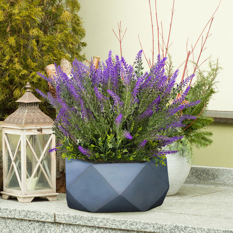 Reinforced Stone Bowl Planter, Faceted Shallow Planter, Bonsai Pot, 15cm H x 30cm W x 30cm D, Grey