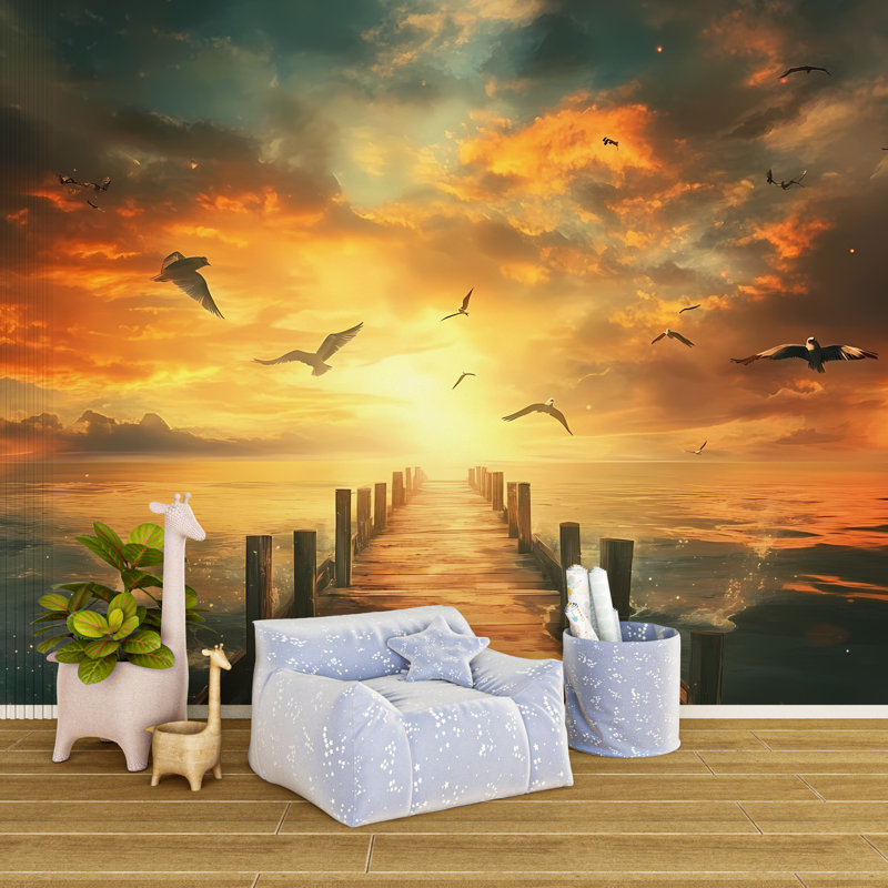 Adhésif mural Golden Sunset Pier, L 40 po x l 40 po, Luxury Canvas Texture