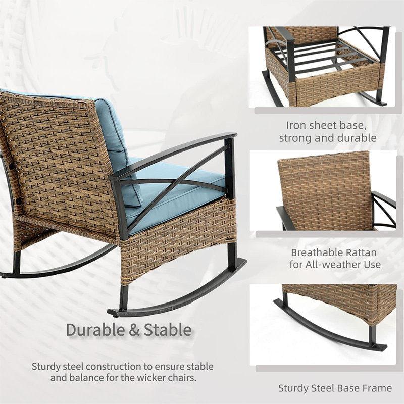 Barbary 3-Piece Brown Rattan Patio Rocking Bistro Set with Blue Cushions