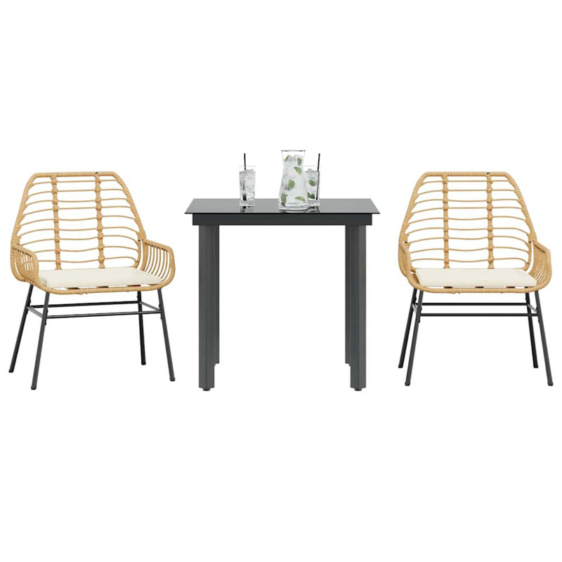 Patio Dining Set With Cushions Poly Rattan Glass, 29.1" H x 31.5" W x 31.5" L, White/Brown, 2