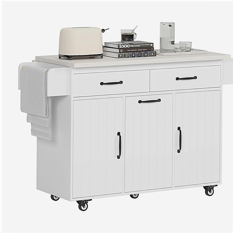 Kitchen island with trash can, kitchen trolley with foldable dining table, spice rack, towel rack, and drawers, adjustable shelf mobile kitchen island, white
