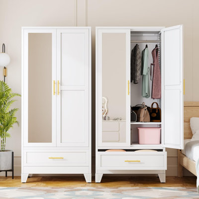 70.86"H Tall Metal 2 door Armoire Wardrobe Closet Cabinet with Mirror and 1 Drawer and Adjusable Shelve White