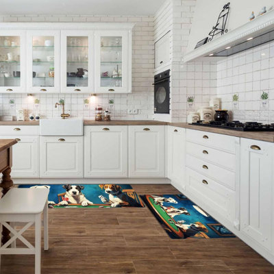 2-Piece Set Dog Poker Kitchen Rugs, Funny Cartoon Home Decor for Kitchen & Living Room, Black Blue Yellow