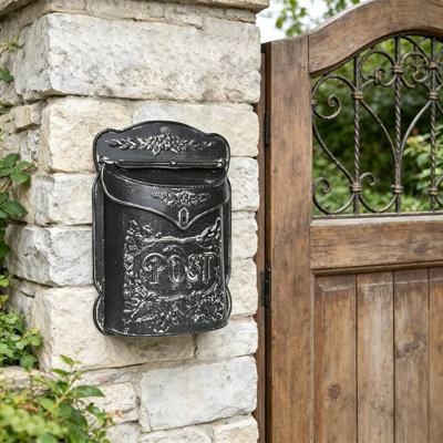 Vintage Wall Mount Mailbox For Outside - Antique Style Lockable Metal Mail Drop Box With Decorative Flower Pattern, Rustic Home Decor