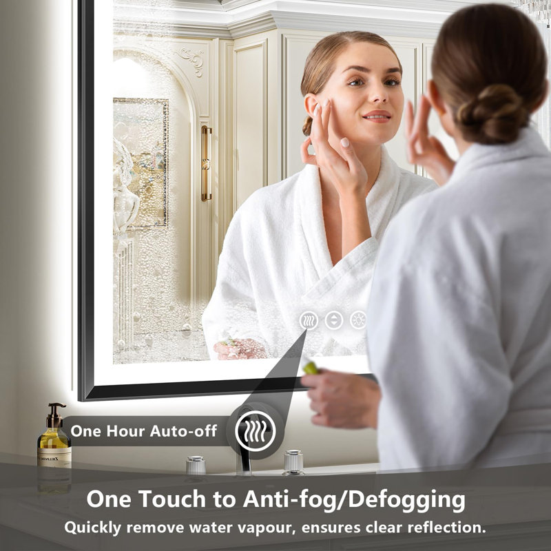 Bathroom Led Mirror Brushed Gold Metal Frame Frontlit & Backlit Vanity Mirror Anti-Fog Stepless Dimmable 3 Colors Wall-Mounted