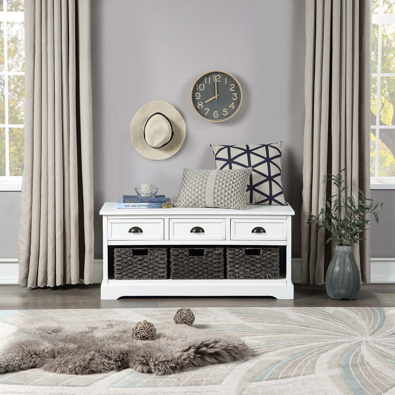 Banc de rangement en bois avec 3 tiroirs et 3 paniers tissés, Blanc