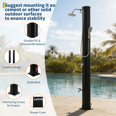 Douche d'extérieur chauffée à énergie solaire de 38 litres, réservoir rond avec valve de pluie et tête de pluie, température réglable, station de lavage de jardin près de la piscine