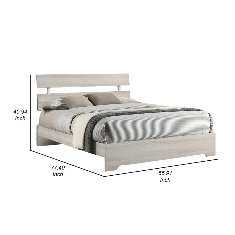 Cuzzy Platform Bed With Panel Headboard, Low Profile White Wood, Full