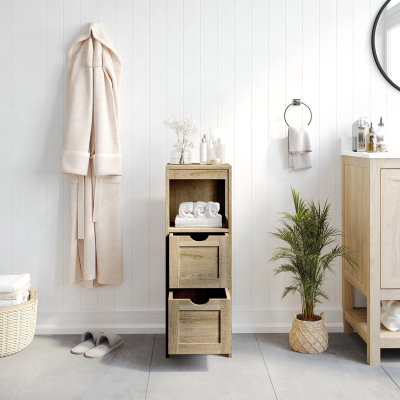 Organisateur de rangement de salle de bain Dune Farmhouse avec tiroirs et tablette ouverte, Naturel