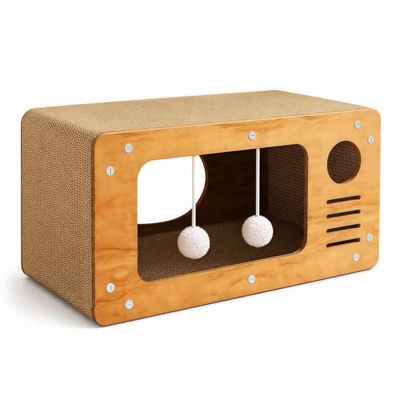 Grattoir pour chat en bois et en carton ondulé avec boules de jouets interactives, salon de chat à plusieurs niveaux pour chats d'intérieur, style brun 03