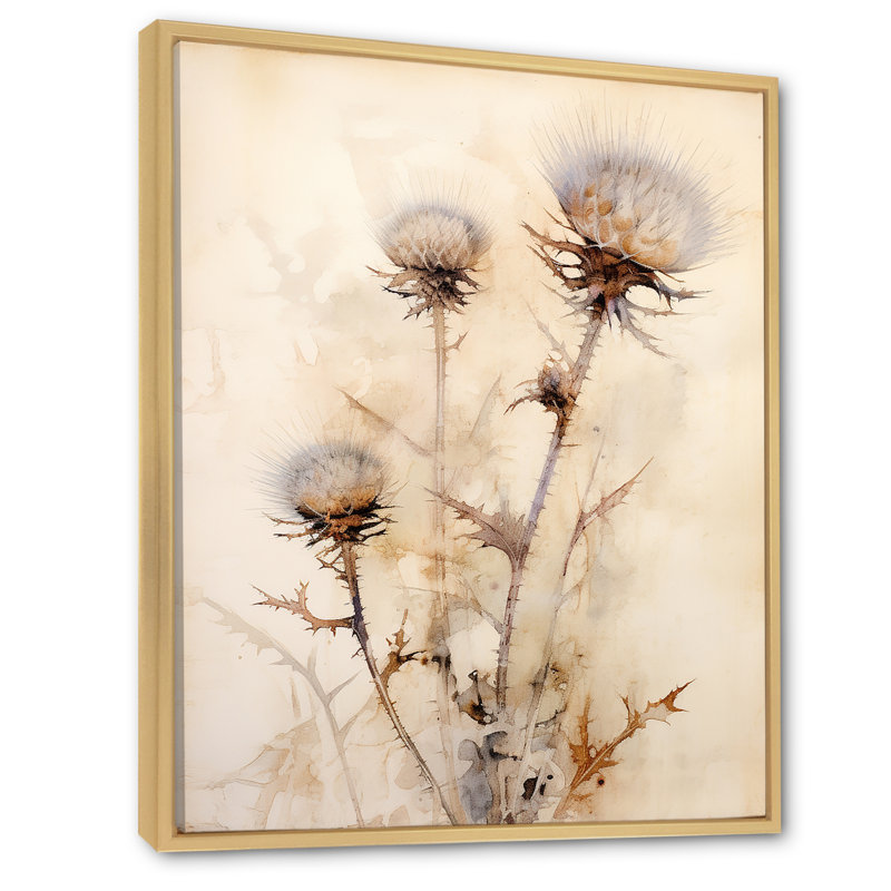 Fleur de chardon beige en sourdine - impressions sur toile chardon, H 20 po x l 12 po, Cadre naturel flottant